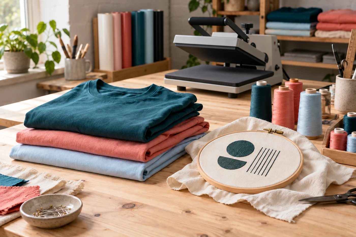 Illustrative print studio workbench with folded garments and embroidery thread
